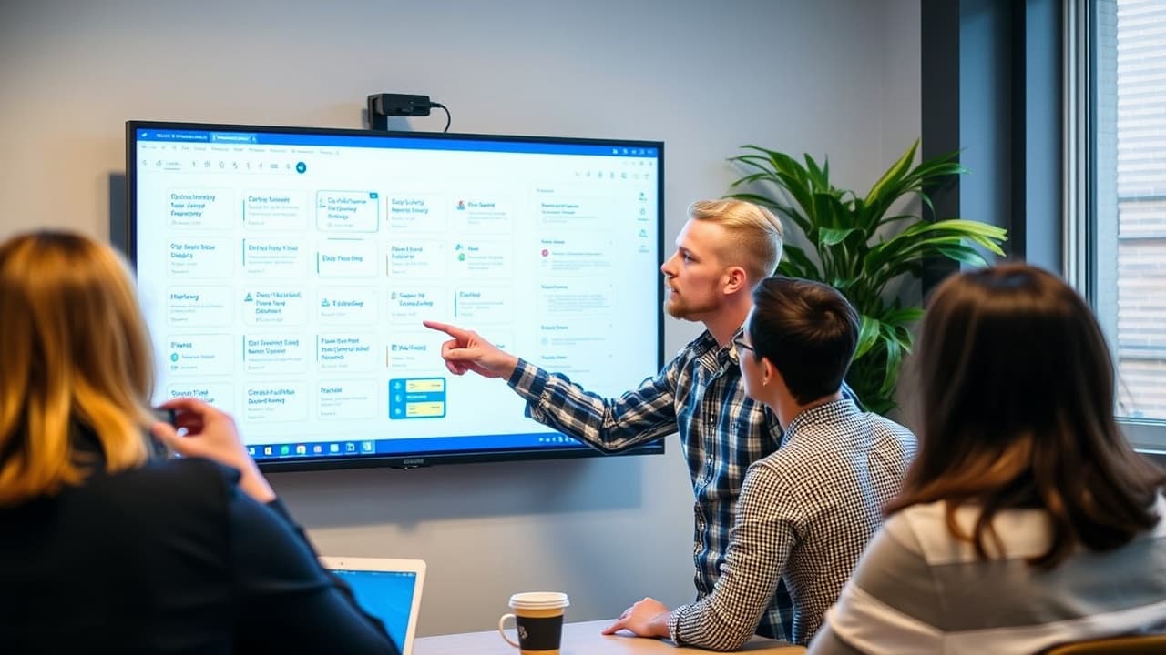 A team member presenting ideas to others while pointing at a screen